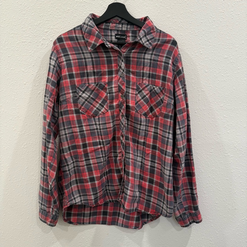 Wet Seal Red and Gray Plaid Shirt